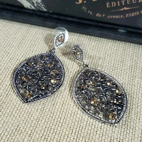 Vintage Marquise Citrine Rhinestone Silver Filigree Earrings - Picture 1 of 8